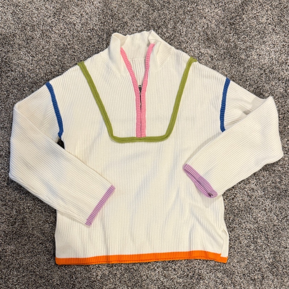Women's Cream Ribbed Quarter-Zip Sweater with Color Trim